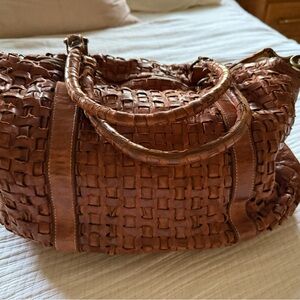 Boho Brown Italian Leather Woven Shoulder Bag